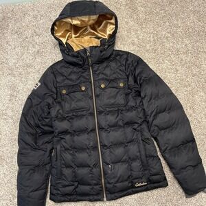 Cabelas Goose Down Women Jacket Size Small Hooded Lined Puffer Full Zip Black